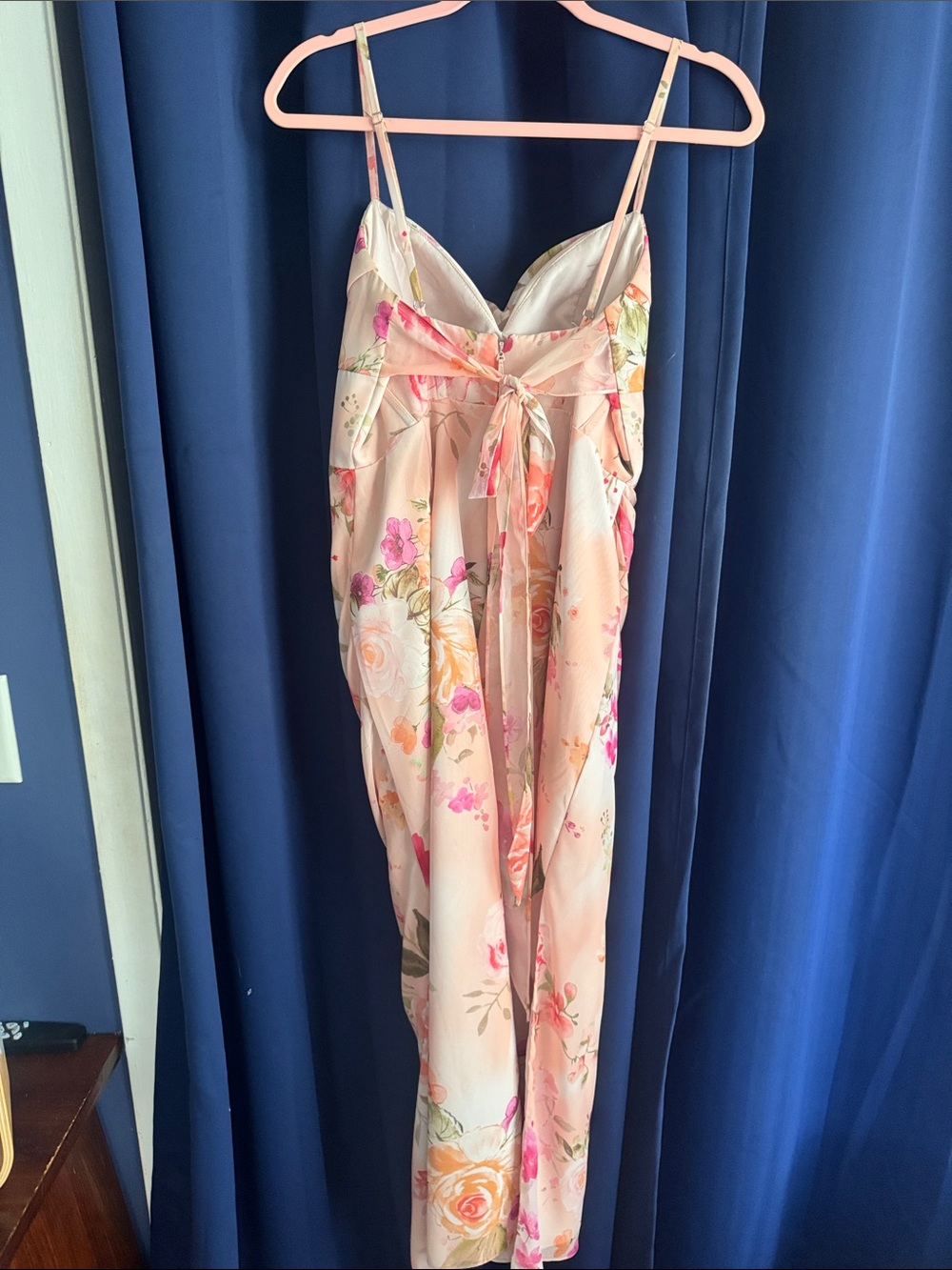 Azazie Pink Floral Satin Cowl Midi Dress - Picture 3 of 3